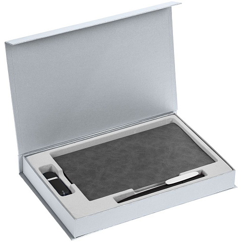Коробка Silk с ложементом под ежедневник 13x21 см, флешку и ручку, серебристая - рис 4.