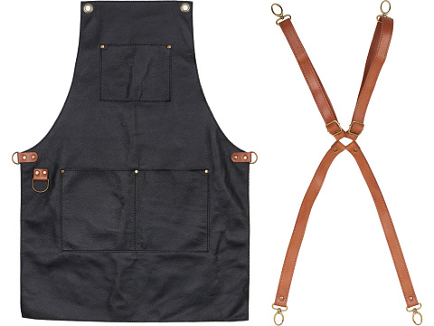 Фартук из натуральной кожи флотер  Материал: натуральная кожа КРС, цвет фартука: черный, цвет ремней: светлый бук, фурнитура из металлического сплава ЦАМ, цвет фурнитуры: антик, размер универсальный - рис 6.