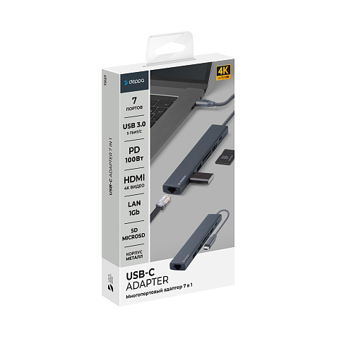 USB Type-C хаб 7-в-1, HDMI, Power Delivery, 2xUSB 3.0, RJ45, microSD/SD, графит, Deppa - рис 5.