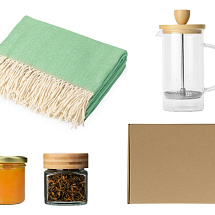 Подарочный набор с пледом, френчпрессом, чаем и вареньем, зеленый