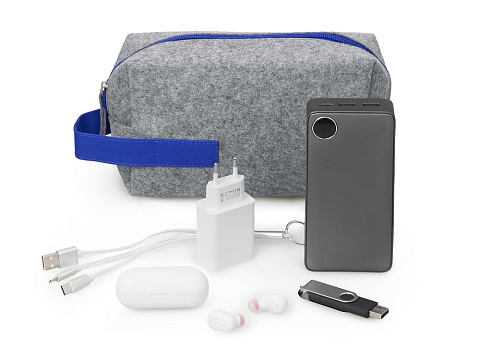 Органайзер для электроники и проводов Felt из RPET-фетра с ручкой, серый с синим