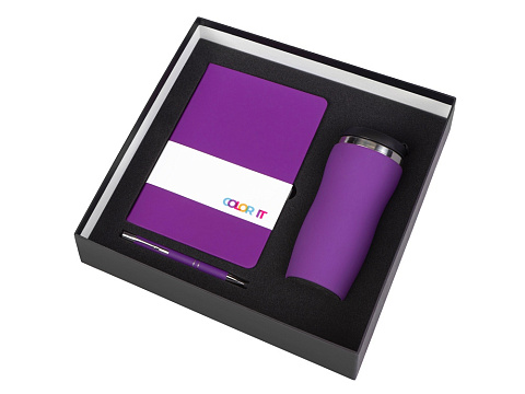 Подарочный набор с блокнотом С1, металлической ручкой и термокружкой, фиолетовый - рис 2.