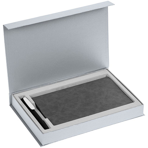 Коробка Silk с ложементом под ежедневник 13x21 и ручку, серебристая - рис 4.