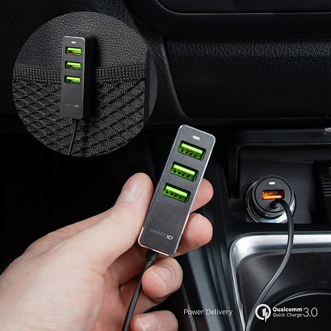 АЗУ 1 USB + 3 USB для пассажиров, QC 3.0, 7А, алюминий, графит, Deppa - рис 4.