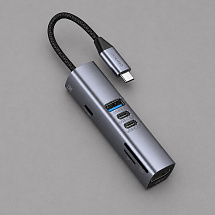 USB-хаб 7 в 1 USB-C - USB-A3.0 + 2хUSB-C + USB-C PD100Вт + HDMI + SD + microSD, серый, Deppa