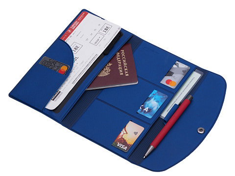 Органайзер для документов на кнопке с отделением для купюр и ручки, упаковка в индивидуальный пакет, синий/темно-синий - рис 2.