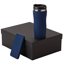 Подарочный набор c термокружкой С1 и повербанком С2, темно-синий