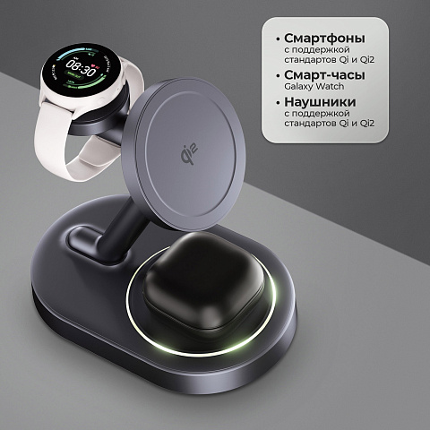 Беспроводная зарядная станция 3 в 1 MagSafe QI2 NEO Galaxy, черная, Deppa - рис 4.