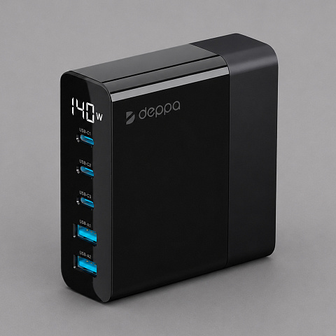 Зарядная станция 3xUSB Type-C, 2xUSB, PD, QC, 140Вт, черный, Deppa
