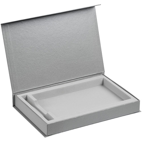 Коробка Silk с ложементом под ежедневник 13x21 и ручку, серебристая - рис 3.