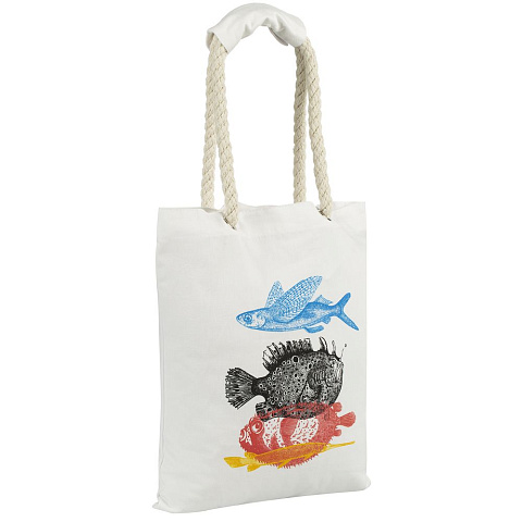 Холщовая сумка с ручками-канатами «Морские обитатели», белая - рис 3.