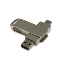 USB-флешка на 16 Гб поворотный механизм 2 в 1, c дополнительным разъемом Type-C с одноцветным металлическим клипом, серый