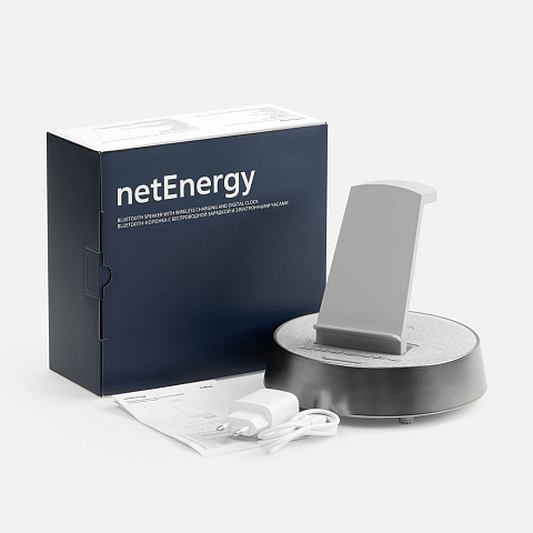 Bluetooth-колонка с беспроводной зарядкой и часами netEnergy, серая - рис 14.