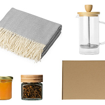 Подарочный набор с пледом, френчпрессом, чаем и вареньем, серый