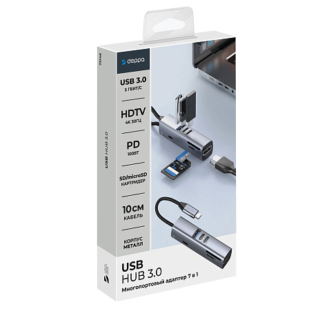 USB-хаб 7 в 1 USB-C - USB-A3.0 + 2хUSB-C + USB-C PD100Вт + HDMI + SD + microSD, серый, Deppa - рис 6.