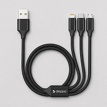 Дата-кабель 3 в 1: micro USB, USB-C, Ligthning, алюминий, 1.2м, черный, Deppa