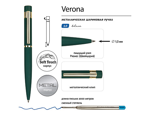 Ручка металлическая шариковая Verona, софт-тач, 1.0 мм, зеленый - рис 3.