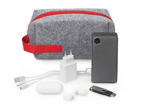 Органайзер для электроники и проводов Felt из RPET-фетра с ручкой, серый с красным