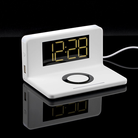 Часы настольные с беспроводным зарядным устройством Pitstop, белые - рис 11.
